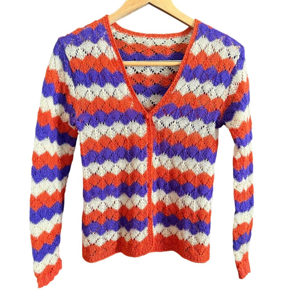 Vintage Hand Knit Orange, Cream, Purple Mohair Open Knit Cardigan Size Small